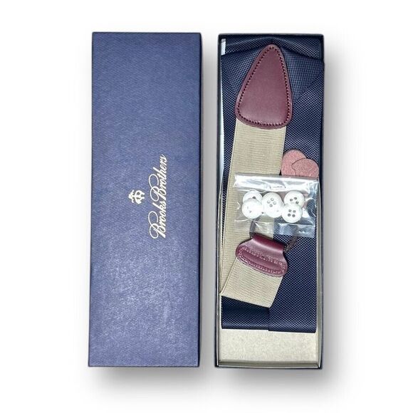 NEW Brooks Brothers Suspenders Braces Navy Blue Adjustable Red Wine Leather - Picture 2 of 4